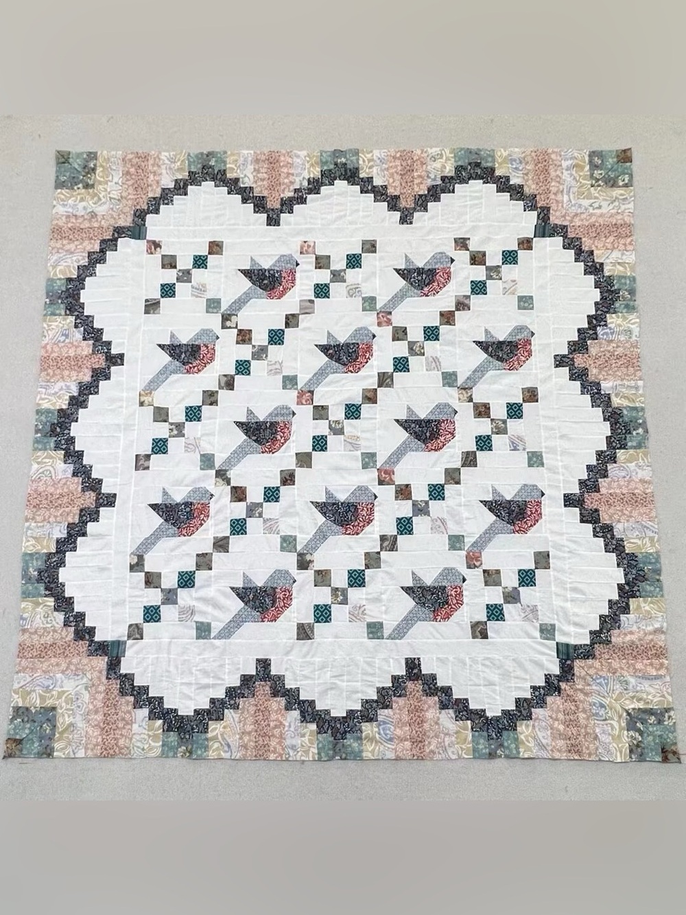 Handmade Original Songbird Trellis Cotton Queen size Patchwork Quilt Top/Topper